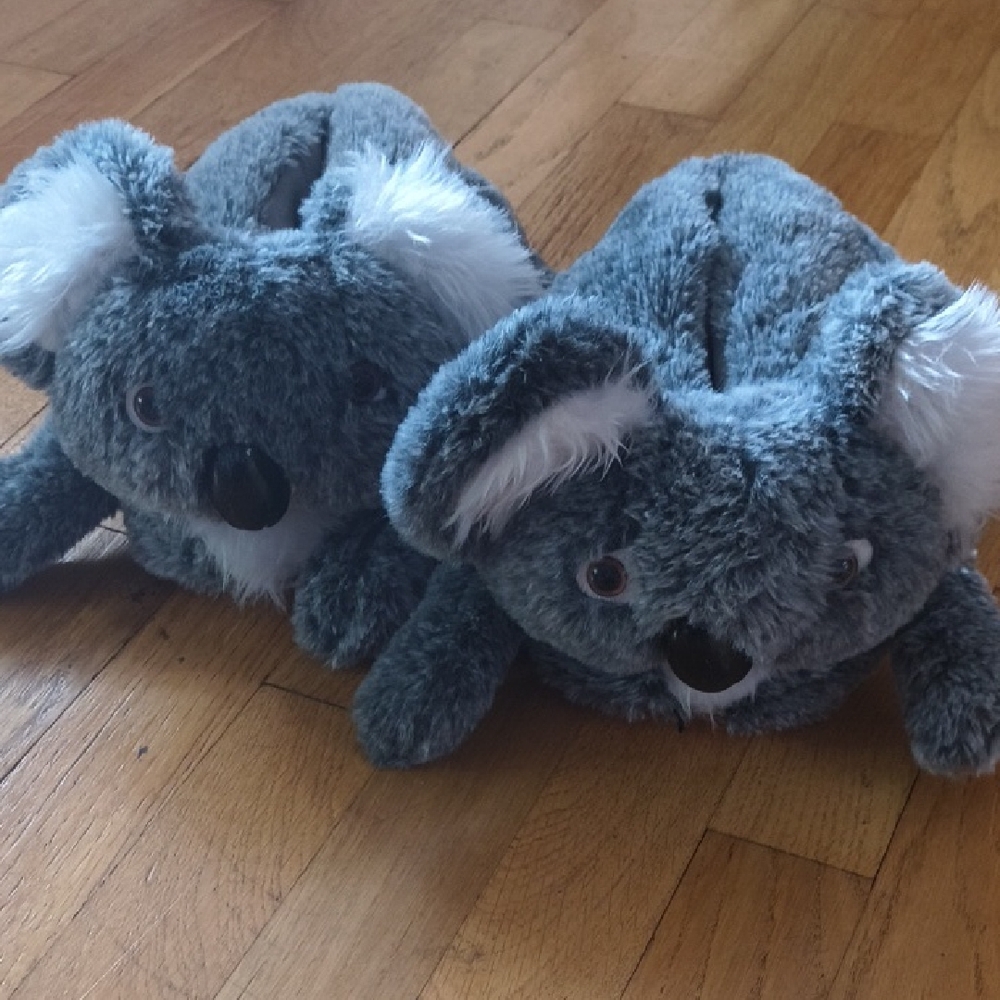 Gray and White Plush Koala Slippers